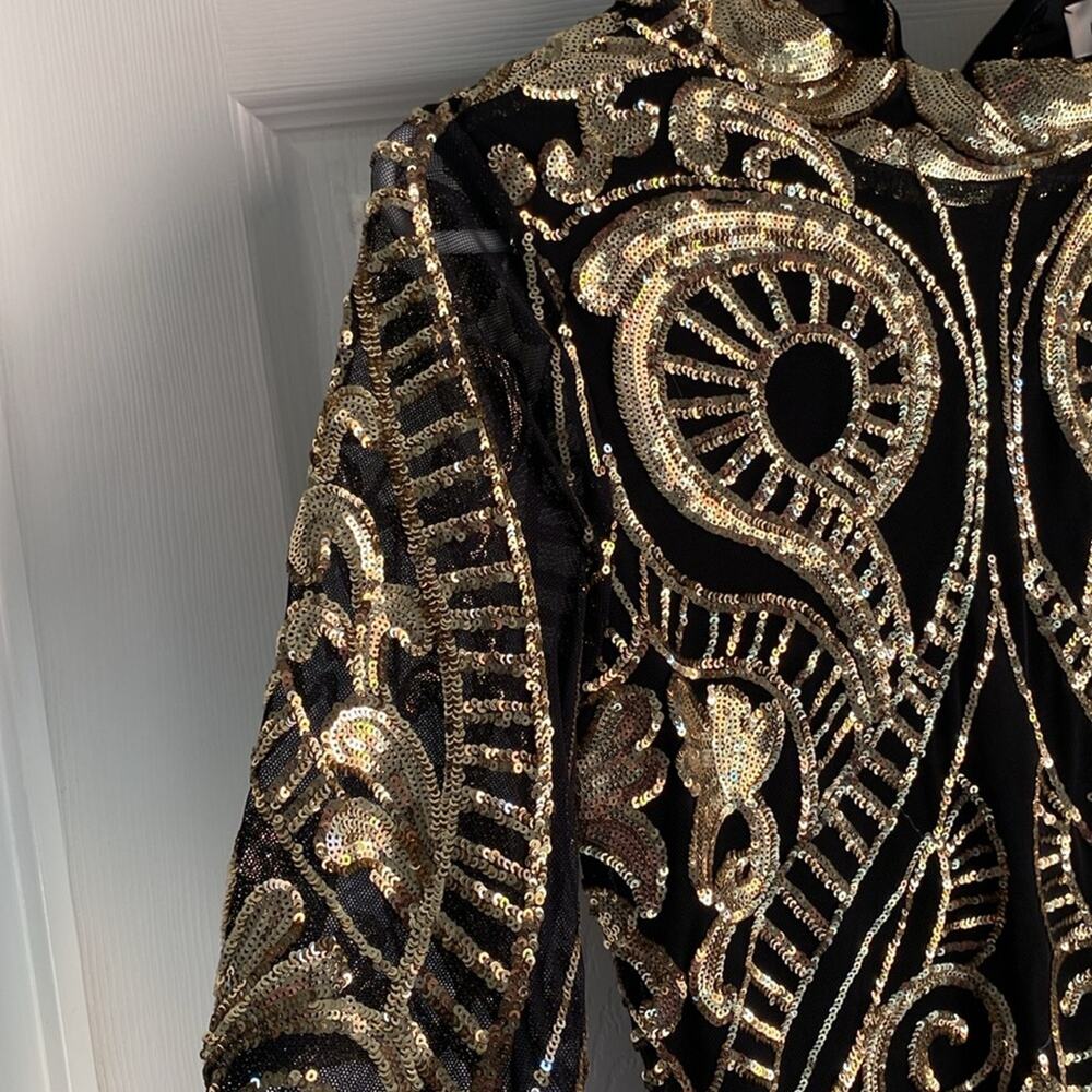 Black & Gold Sequin Bodycon Long Sleeve Dress M - Picture 5 of 10
